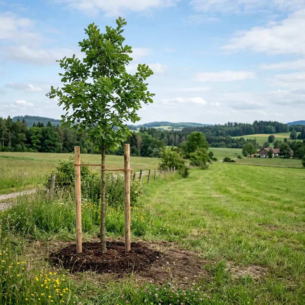 Baumpflanzung in Swisttal – junge Eiche am Feldweg Junge Eiche neben einem Feldweg vor hügeliger Waldlandschaft